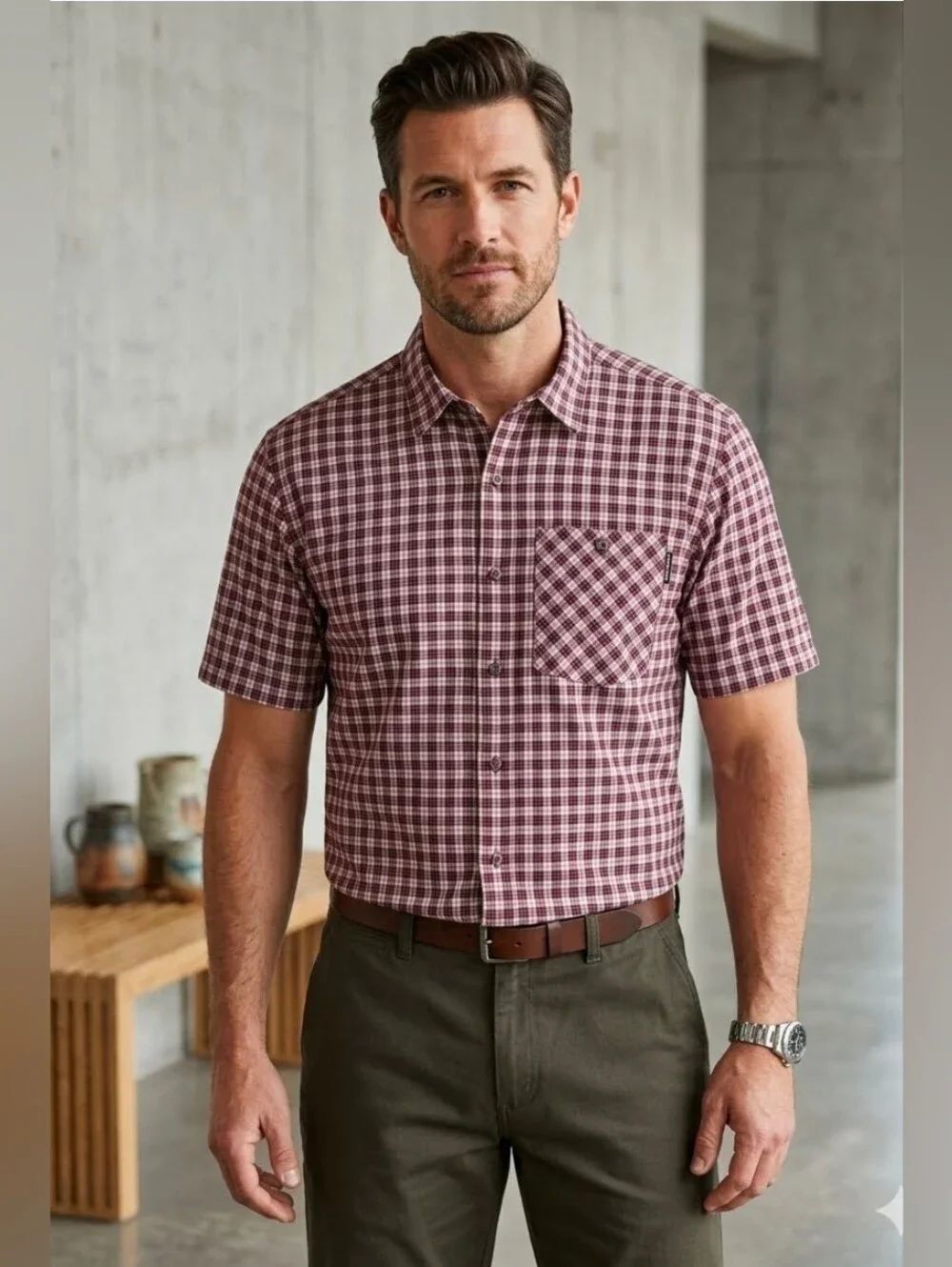 Timberland PRO Flex Men's L Plotline Short Sleeve Work Shirt Maroon Plaid